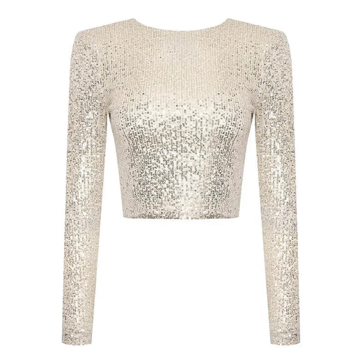 Champagne sequin cropped top with long sleeves, shown flat, front view | Grace Aura