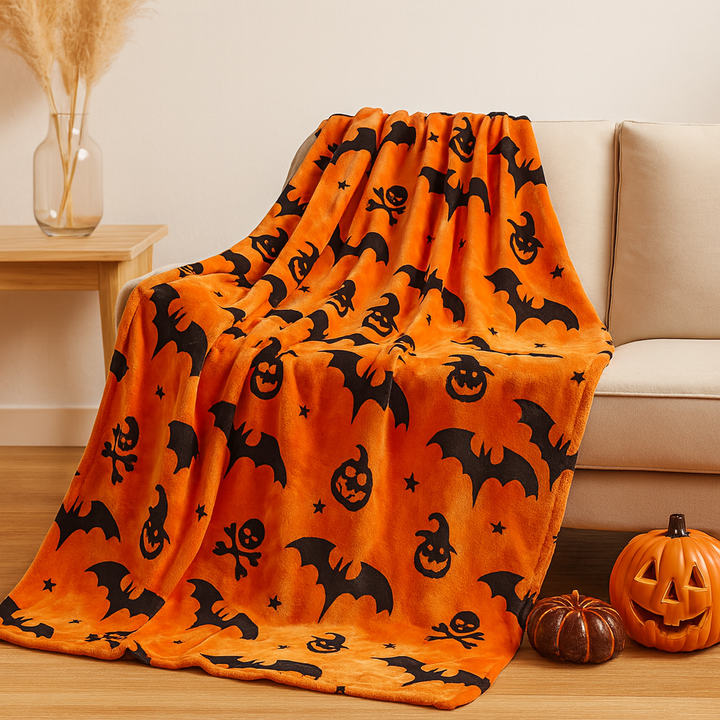 Orange fleece blanket with black bat and pumpkin print, draped on sofa | Grace Aura