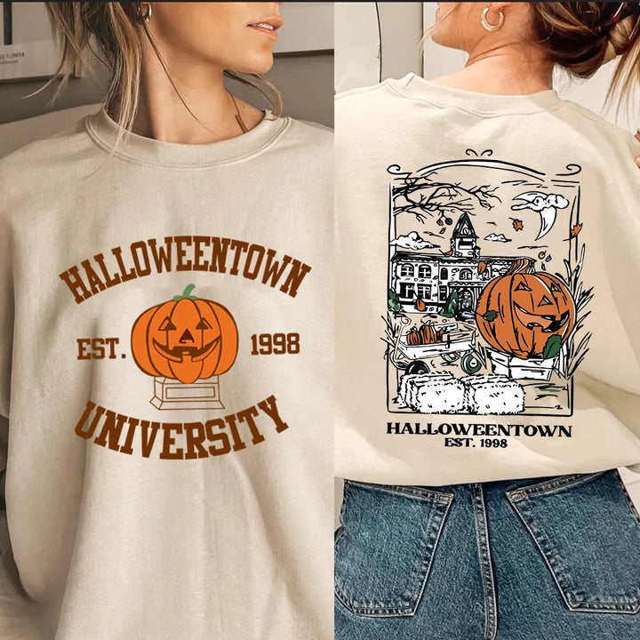 Beige sweatshirt with pumpkin graphic design, worn by two people, front and back | Grace Aura