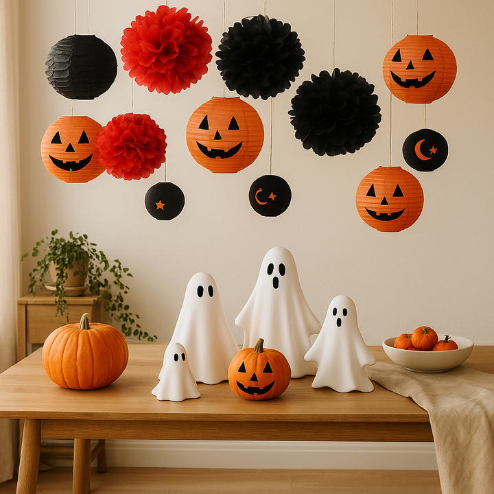 Orange black paper lanterns with pompoms hanging above ghosts and pumpkins | Grace Aura