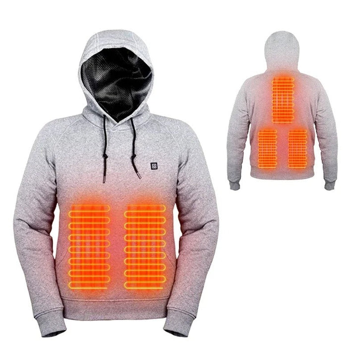 Gray heated hoodie front and back views showing orange heating zones | Grace Aura