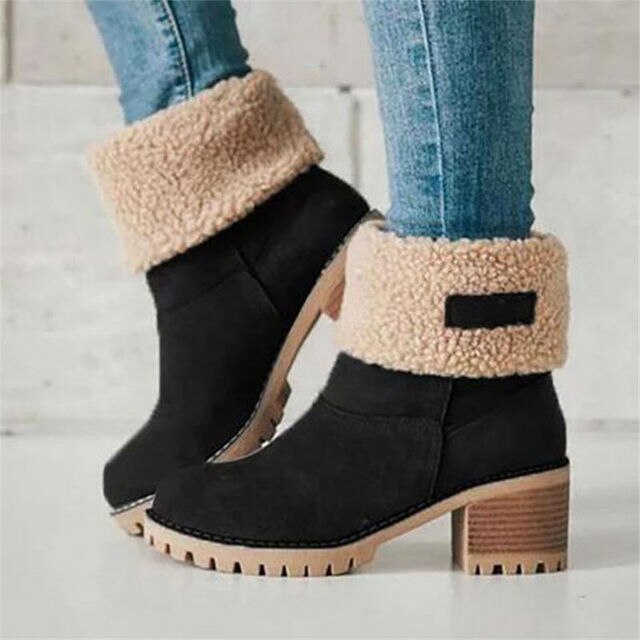 Black suede block heel ankle boots with beige faux fur cuff, worn | Grace Aura