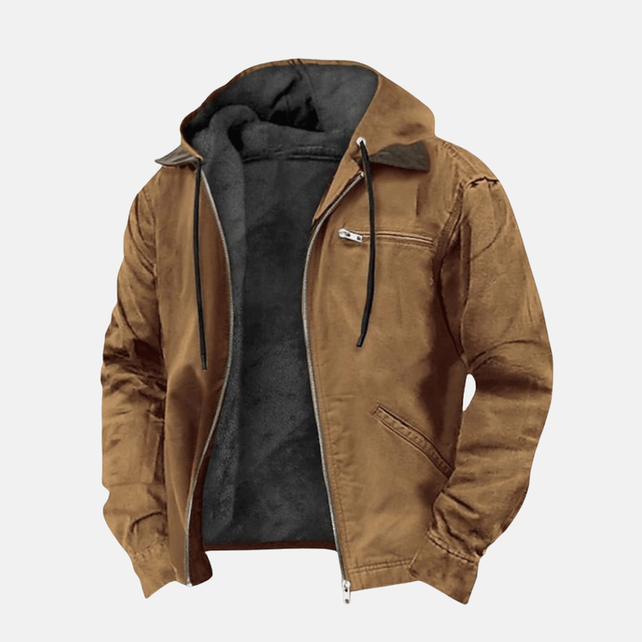 Brown hooded jacket with fleece lining, zip pockets, displayed flat unzipped | Grace Aura