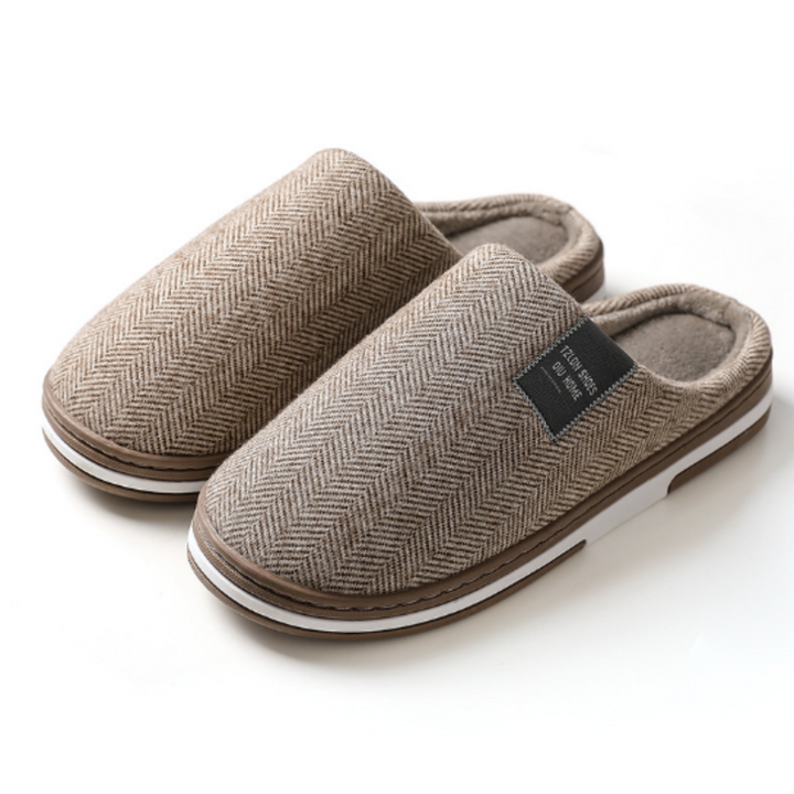 Beige herringbone fleece-lined slippers with rubber sole, shown flat, unworn | Grace Aura