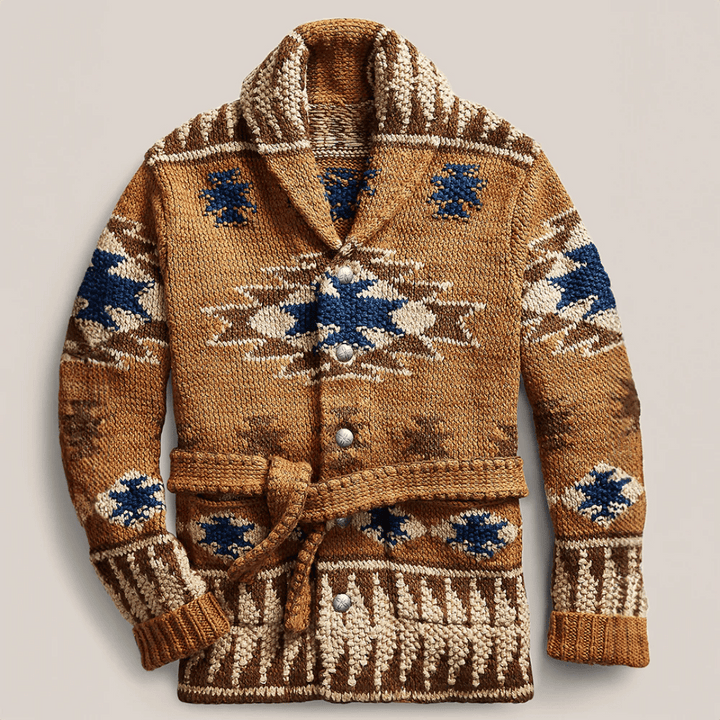 Tan knit cardigan with blue Aztec pattern, shawl collar, belted waist | Grace Aura