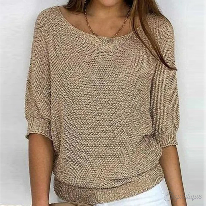 Beige knitted V-neck sweater with half sleeves, worn by a woman | Grace Aura