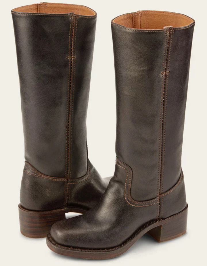Brown leather knee-high boots with low block heel, pair displayed | Grace Aura