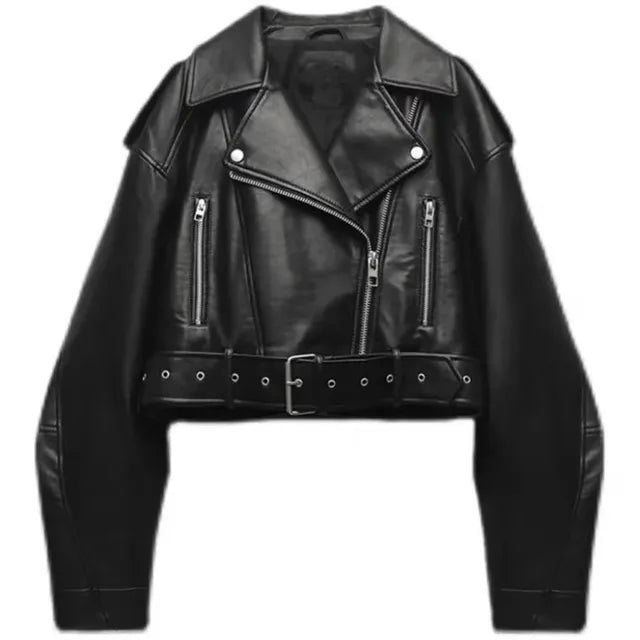Black cropped leather biker jacket with belt, flat lay view | Grace Aura