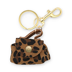 Miniature leopard print faux leather purse keychain with gold clasp hardware | Grace Aura