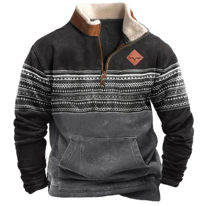 Black quarter-zip fleece pullover with tribal pattern and sherpa collar, flat lay | Grace Aura