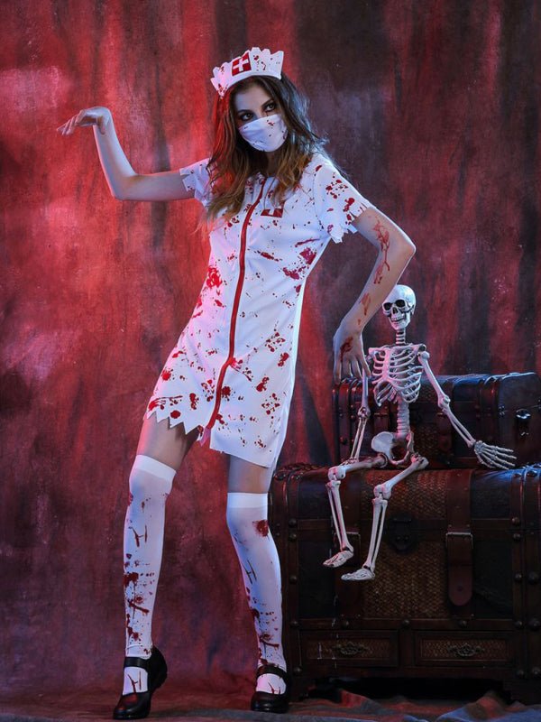 Woman wearing blood-splattered zombie nurse costume with cap and thigh-high socks | Grace Aura