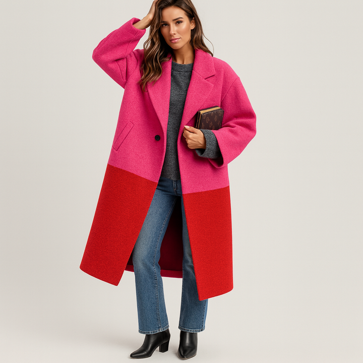 Pink and red color-block wool coat worn by a woman with jeans | Grace Aura