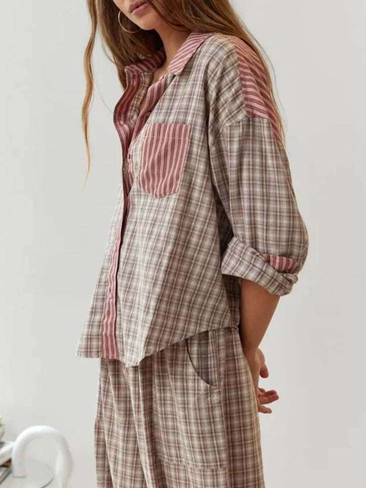 Woman wearing beige plaid pajama shirt with striped patch pocket detail | Grace Aura