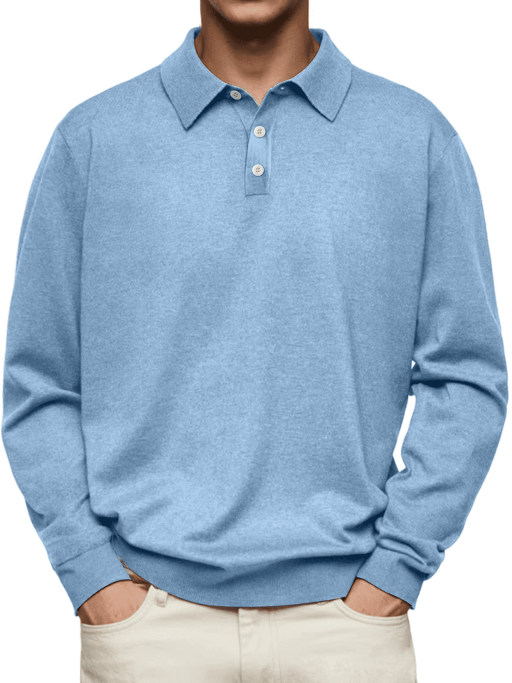 Man wearing light blue heathered knit polo sweater with buttoned collar | Grace Aura