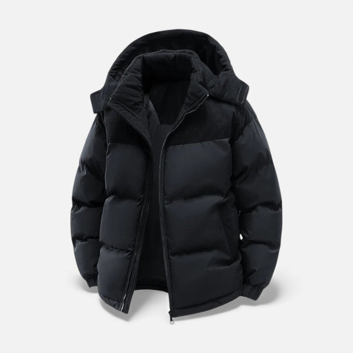 Black quilted hooded puffer jacket with zipper, shown flat on background | Grace Aura