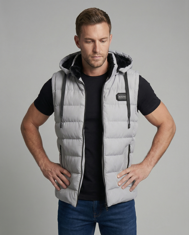 Man wearing grey hooded quilted puffer vest with black t-shirt | Grace Aura