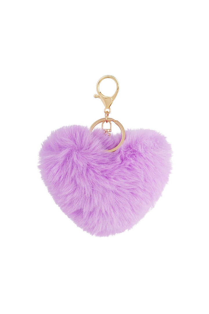 Purple faux fur heart-shaped keychain with gold clasp, shown flat | Grace Aura