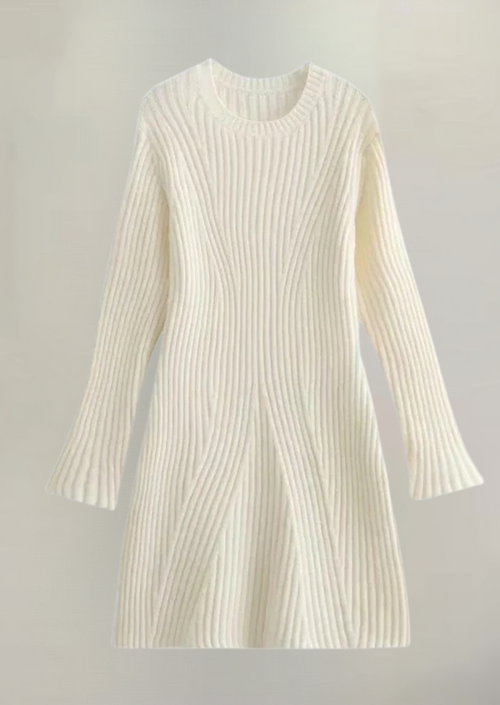 Cream ribbed knit long-sleeve mini dress, flat lay, round neckline | Grace Aura