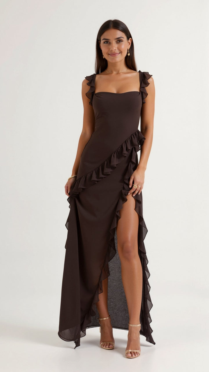Brown ruffle-trim bodycon maxi dress with front slit, worn by model | Grace Aura