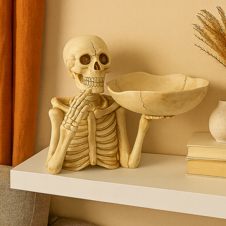 Resin skeleton figurine holding cracked skull-shaped bowl, cream tone, shelf display | Grace Aura
