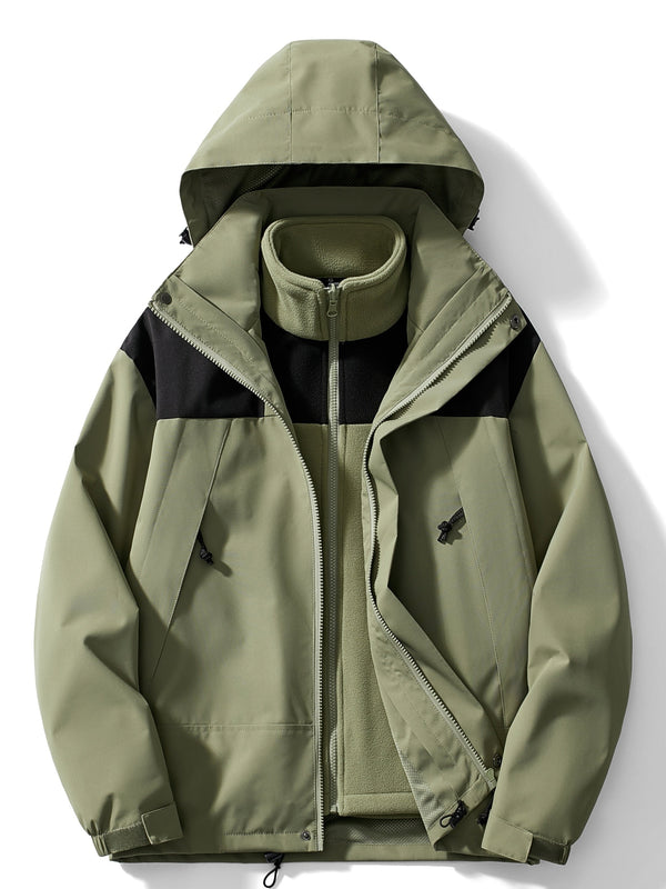 Olive green hooded jacket with black panel detail, shown flat | Grace Aura