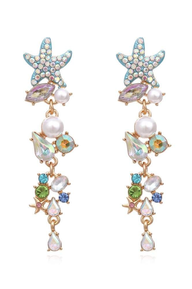 Dangle earrings with starfish, pearls, and multicolor crystal beads shown flat | Grace Aura