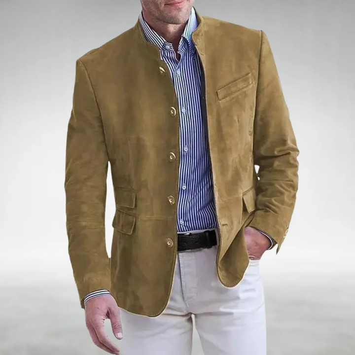 Tan suede blazer with stand collar worn over striped shirt by man | Grace Aura