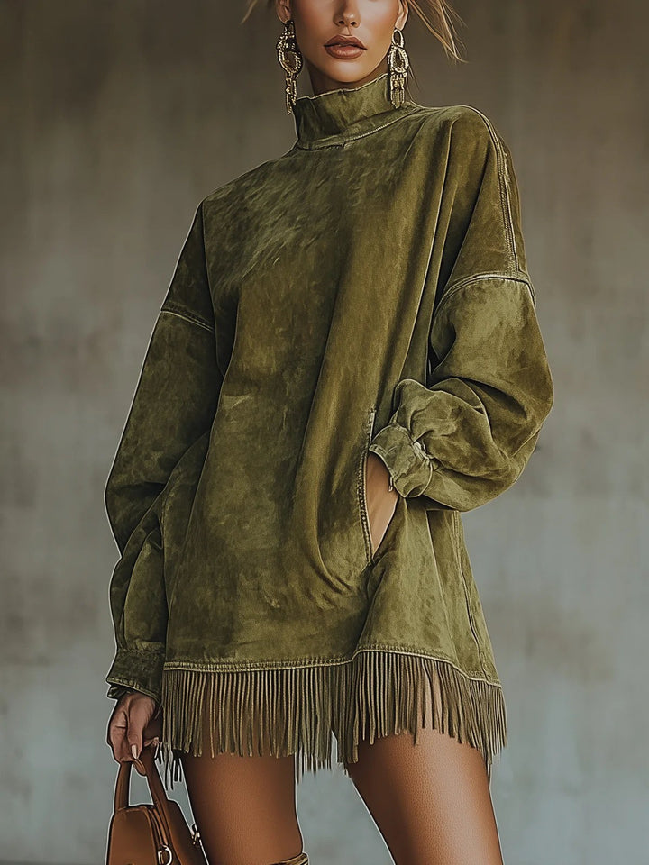 Olive green suede oversized turtleneck fringe hem mini dress worn by model | Grace Aura