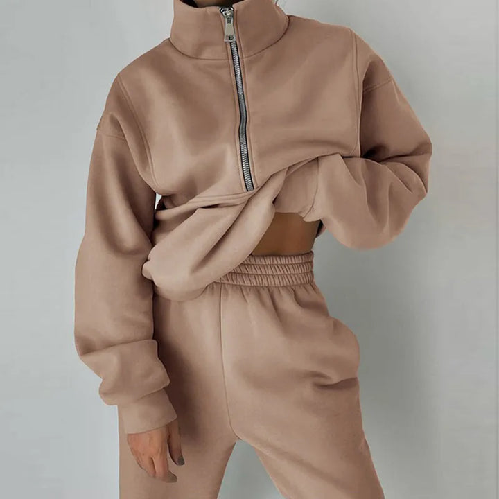 Beige half-zip sweatshirt and jogger set worn by woman, cropped top | Grace Aura