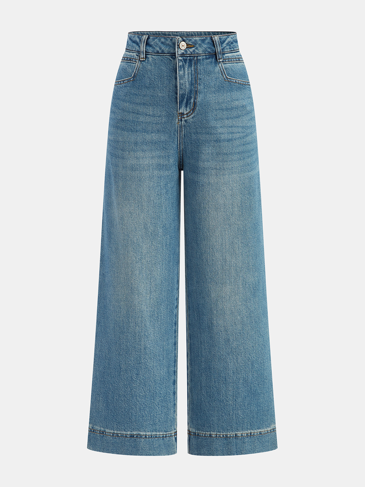 Blue denim wide-leg high-waist jeans, cropped, worn flat lay display | Grace Aura