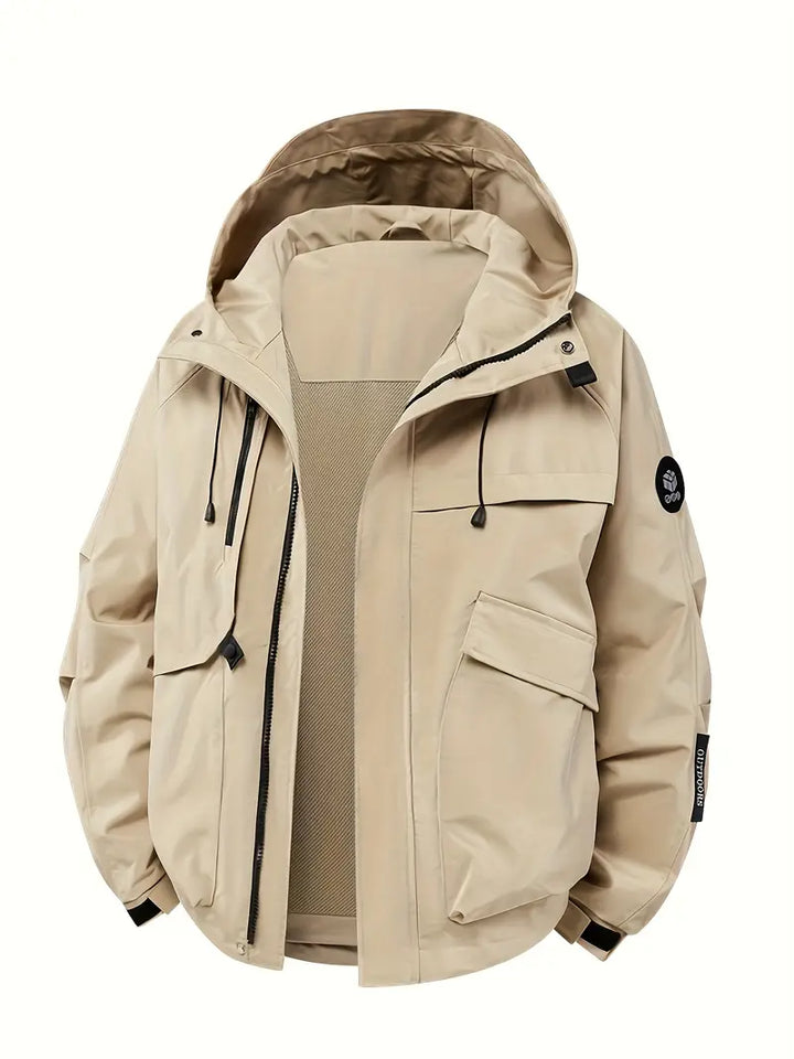 Beige hooded cargo jacket with multiple pockets, shown on mannequin | Grace Aura
