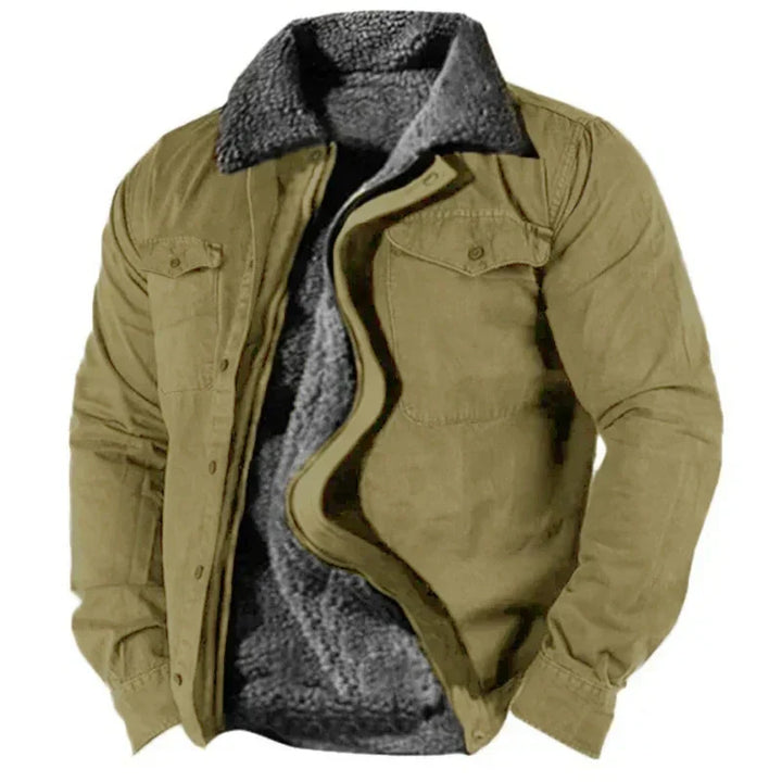 Khaki fleece-lined jacket with chest pockets, shown open on mannequin | Grace Aura