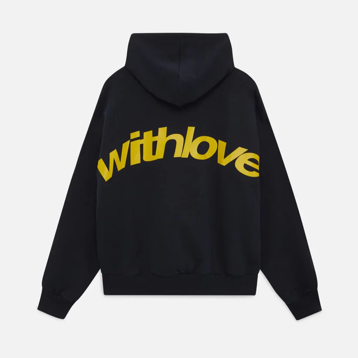 Black hoodie back view with curved yellow graphic text and drawstring hood | Grace Aura