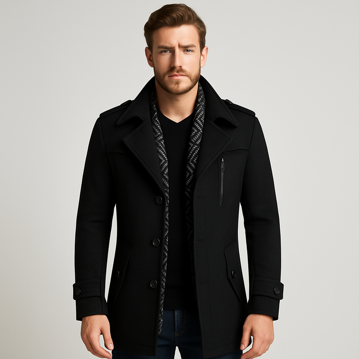 Man wearing black wool coat with epaulettes and patterned scarf | Grace Aura