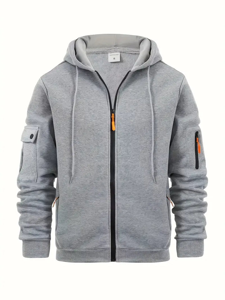 Gray zip-up hoodie with drawstrings, sleeve pocket, shown flat on background | Grace Aura