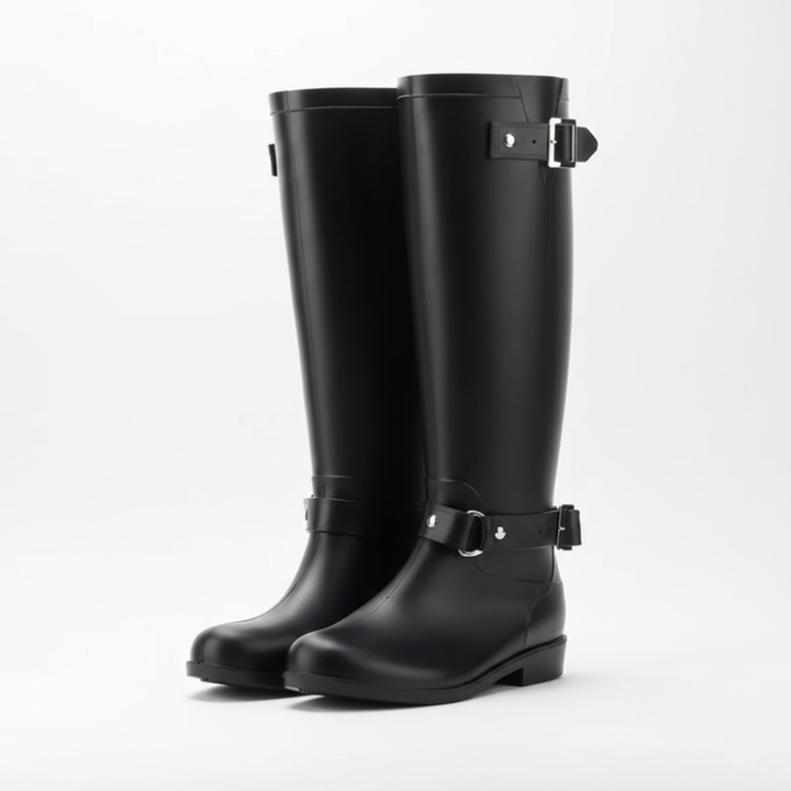 A pair of black matte knee high rain boots with silver buckle straps at the top and ankle, shown at an angle on a plain white studio background.