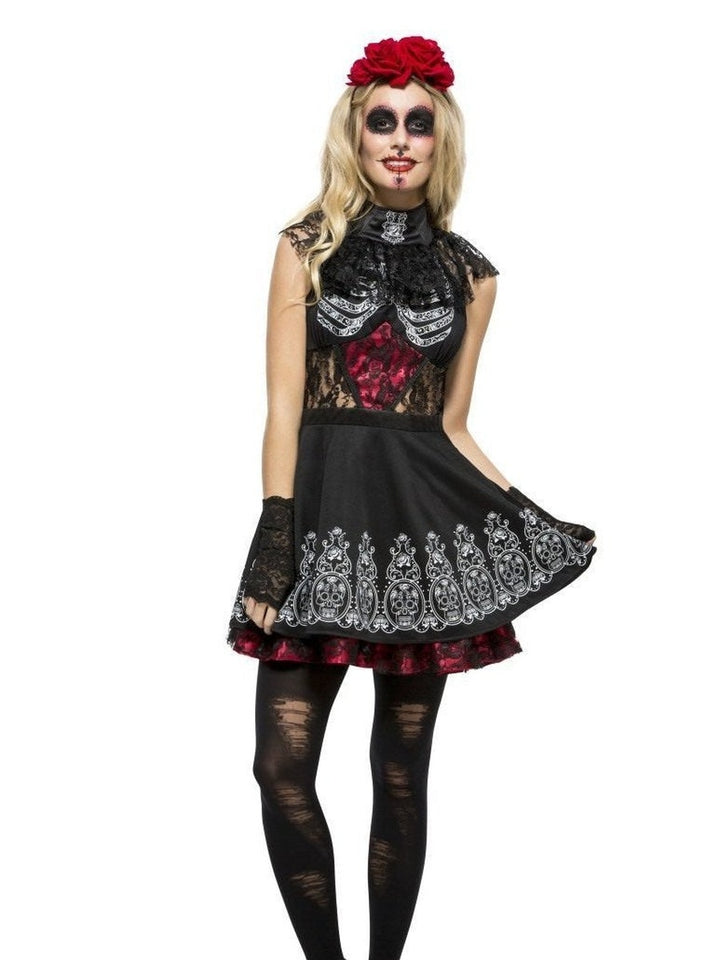 Woman in the black Day of the Dead dress with red rose headband, front view