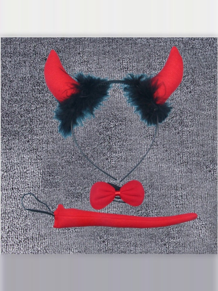 Devil costume set with horns headband, red bow tie and tail