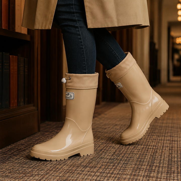 Lower legs of a person in jeans and a beige trench coat wearing glossy beige rain boots with a fabric drawstring cuff, walking on carpet past bookshelves in a library corridor.