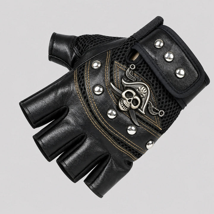 Fingerless Biker Gloves | Skull Emblem | Rivets | Faux Leather