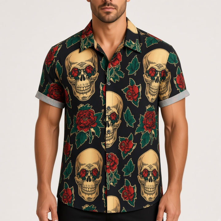 Man wearing black shirt with skull and red rose print, short sleeves | Grace Aura