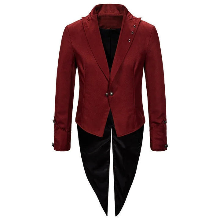 Red tailcoat jacket with black swallowtail back, worn by a person | Grace Aura