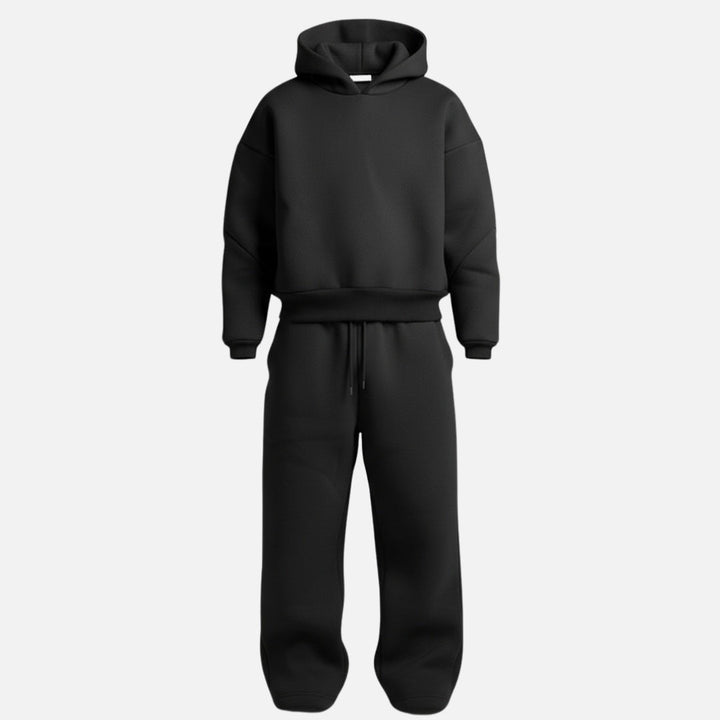 Black oversized hoodie and wide leg jogger tracksuit, flat lay product shot | Grace Aura