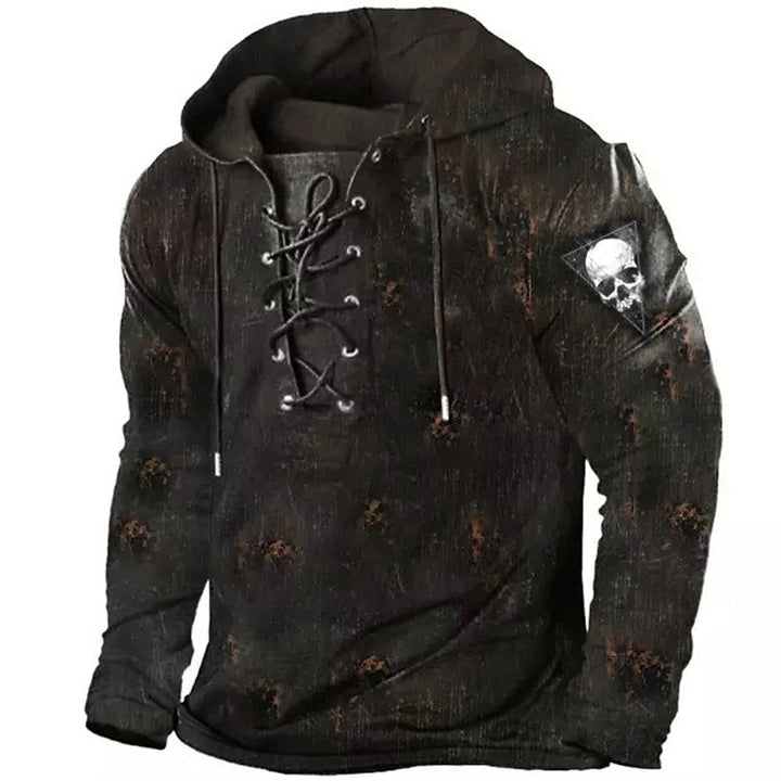 Dark distressed lace-up hoodie with skull patch, shown on mannequin | Grace Aura