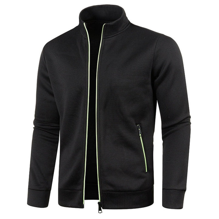 Black zip-up sweatshirt with stand collar, worn by a person, front view | Grace Aura