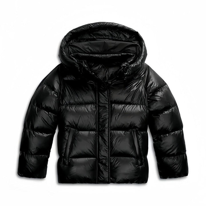 Black glossy padded hooded jacket, shown flat, front view | Grace Aura