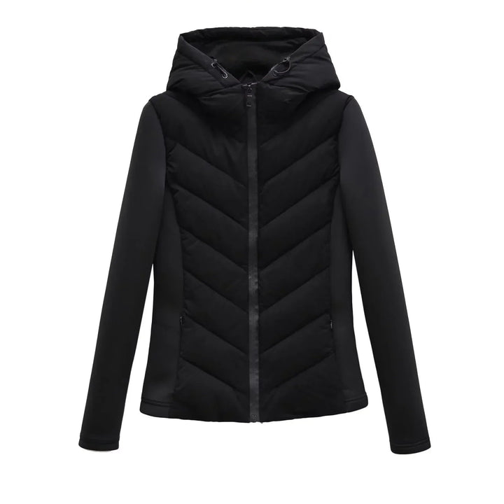 Black quilted hooded jacket with zip front, flat lay product shot | Grace Aura