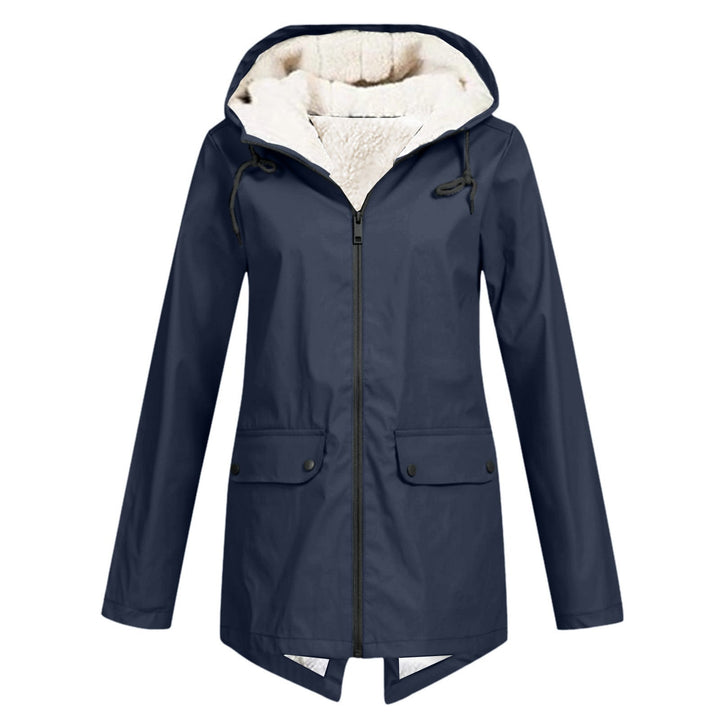 Navy blue hooded rain jacket with fleece lining, shown flat on background | Grace Aura