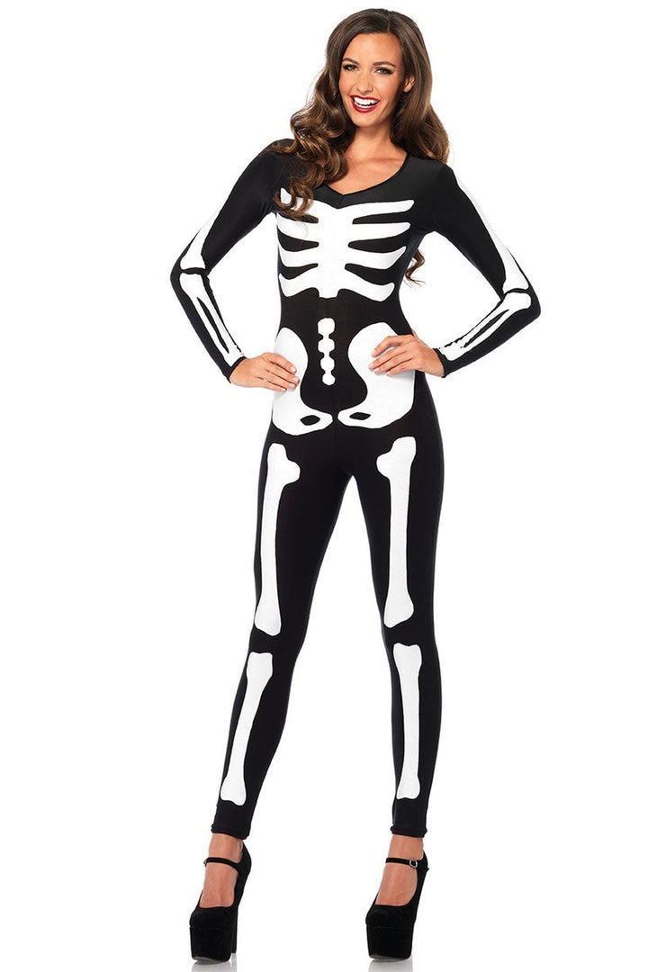Woman wearing the black skeleton catsuit with glow in the dark print
