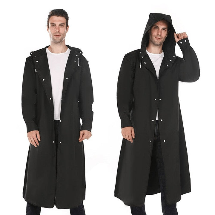 Long black hooded raincoat, front and with the hood up